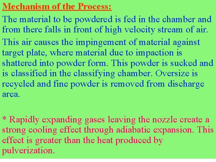 Mechanism of the Process: The material to be powdered is fed in the chamber