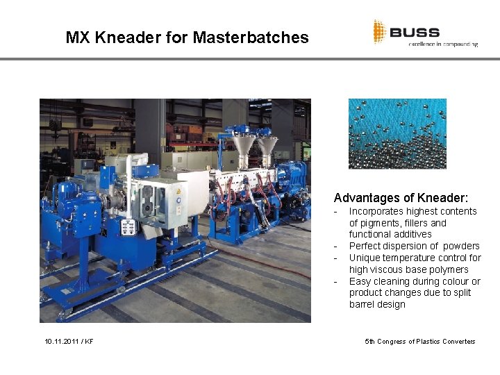 MX Kneader for Masterbatches Advantages of Kneader: - 10. 11. 2011 / KF Incorporates