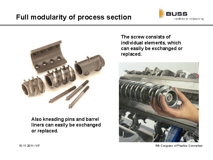 Full modularity of process section The screw consists of individual elements, which can easily