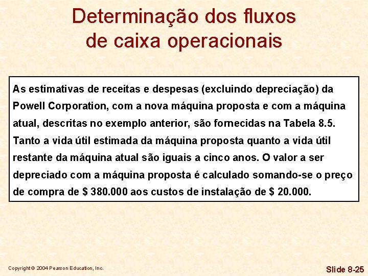 Determinação dos fluxos de caixa operacionais As estimativas de receitas e despesas (excluindo depreciação)