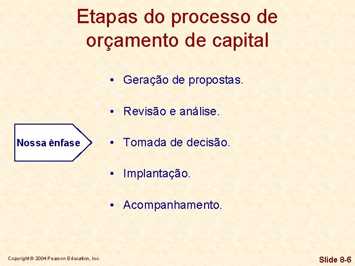 Etapas do processo de orçamento de capital • Geração de propostas. • Revisão e