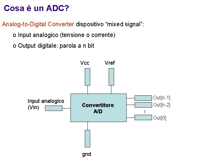 Cosa è un ADC? Analog-to-Digital Converter dispositivo “mixed signal”: o Input analogico (tensione o