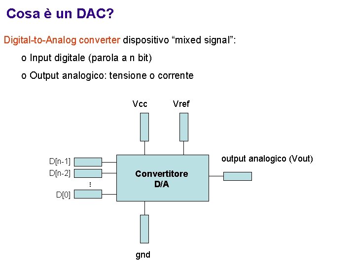 Cosa è un DAC? Digital-to-Analog converter dispositivo “mixed signal”: o Input digitale (parola a