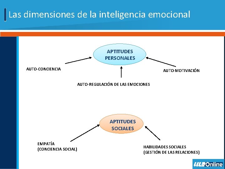 Las dimensiones de la inteligencia emocional APTITUDES PERSONALES AUTO-CONCIENCIA AUTO-MOTIVACIÓN AUTO-REGULACIÓN DE LAS EMOCIONES