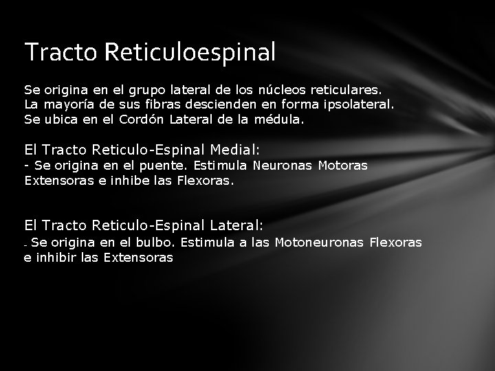 Tracto Reticuloespinal Se origina en el grupo lateral de los núcleos reticulares. La mayoría