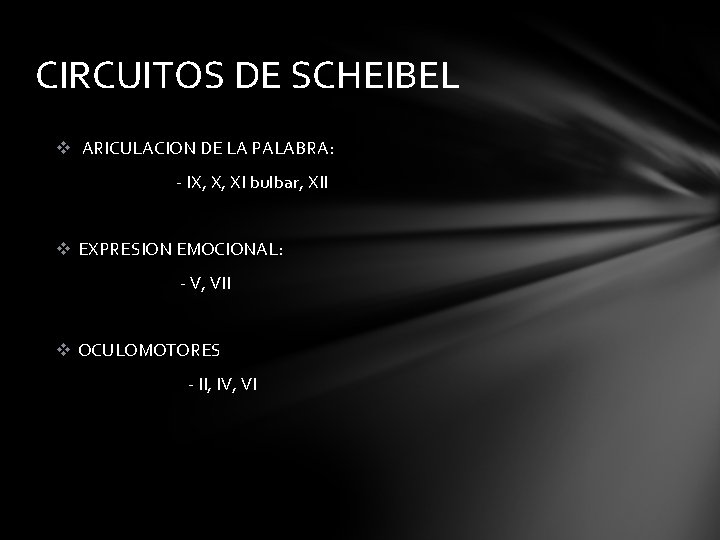 CIRCUITOS DE SCHEIBEL v ARICULACION DE LA PALABRA: - IX, X, XI bulbar, XII