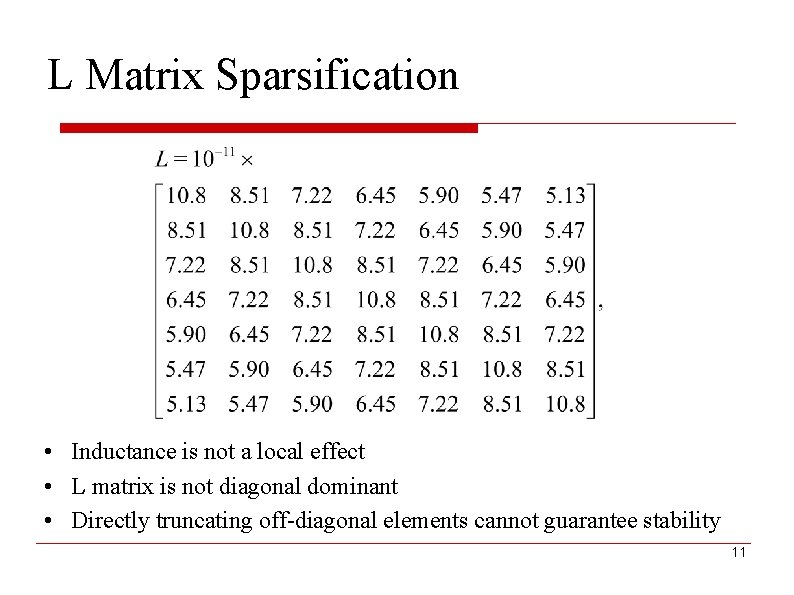 L Matrix Sparsification • Inductance is not a local effect • L matrix is