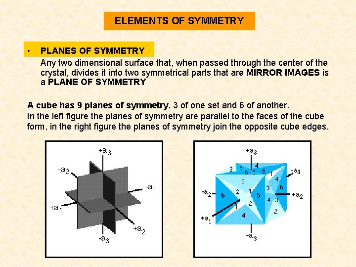 ELEMENTS OF SYMMETRY • PLANES OF SYMMETRY Any two dimensional surface that, when passed