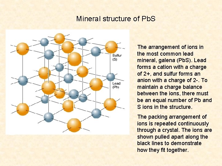 Mineral structure of Pb. S The arrangement of ions in the most common lead