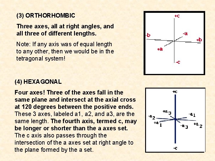 (3) ORTHORHOMBIC Three axes, all at right angles, and all three of different lengths.