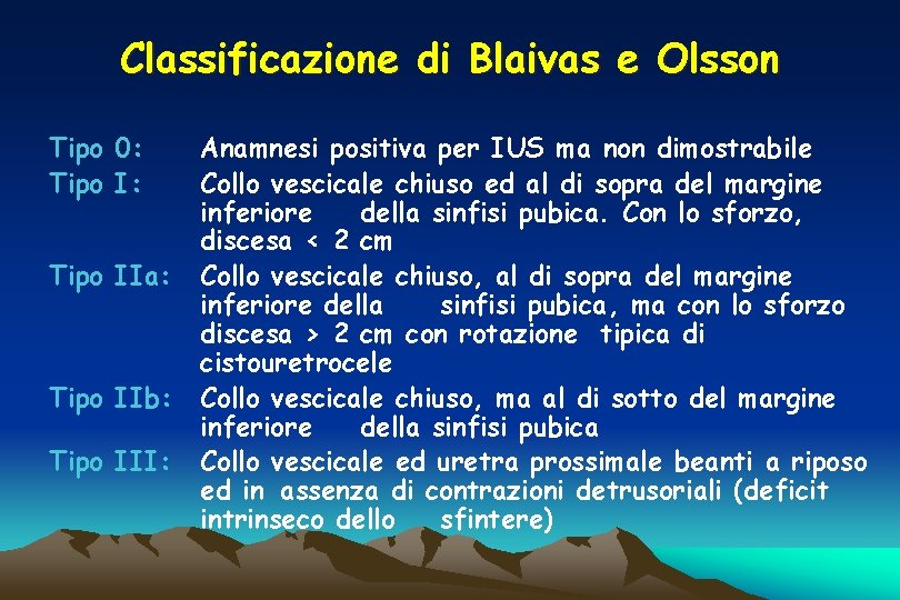 Classificazione di Blaivas e Olsson Tipo 0: Tipo IIa: Tipo IIb: Tipo III: Anamnesi Classificazione di Blaivas e Olsson Tipo 0: Tipo IIa: Tipo IIb: Tipo III: Anamnesi