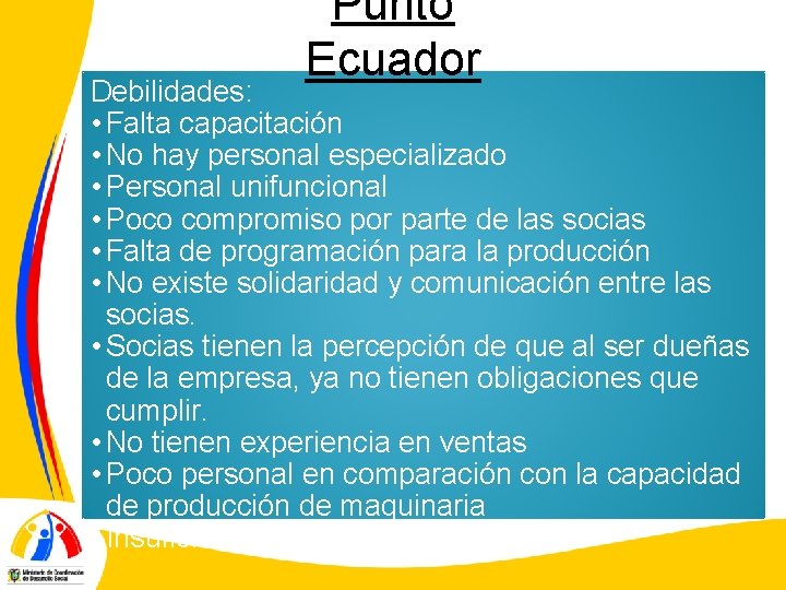 Punto Ecuador Debilidades: • Falta capacitación • No hay personal especializado • Personal unifuncional