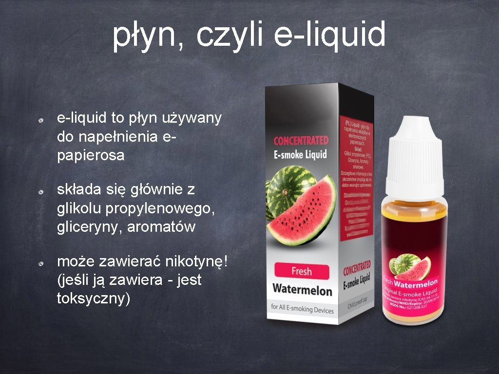 płyn, czyli e-liquid to płyn używany do napełnienia epapierosa składa się głównie z glikolu