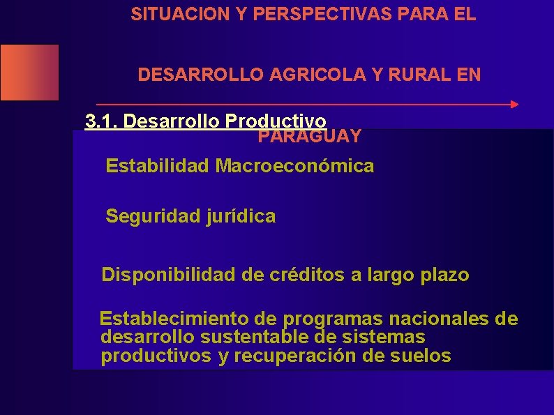 SITUACION Y PERSPECTIVAS PARA EL DESARROLLO AGRICOLA Y RURAL EN 3. 1. Desarrollo Productivo