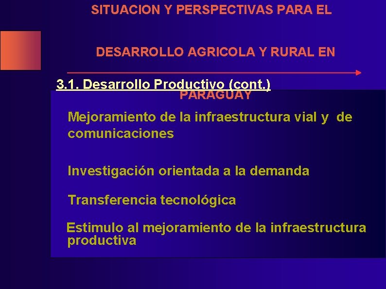 SITUACION Y PERSPECTIVAS PARA EL DESARROLLO AGRICOLA Y RURAL EN 3. 1. Desarrollo Productivo