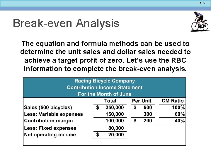 5 -47 Break-even Analysis The equation and formula methods can be used to determine