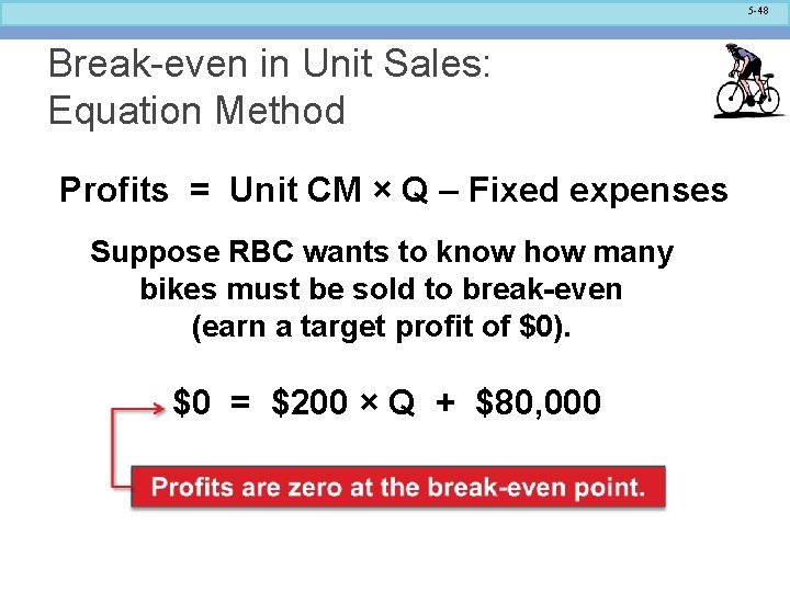 5 -48 Break-even in Unit Sales: Equation Method Profits = Unit CM × Q