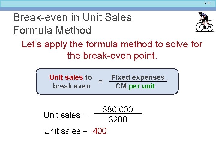 5 -50 Break-even in Unit Sales: Formula Method Let’s apply the formula method to