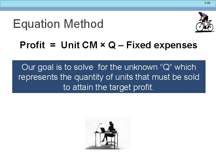 5 -60 Equation Method Profit = Unit CM × Q – Fixed expenses Our