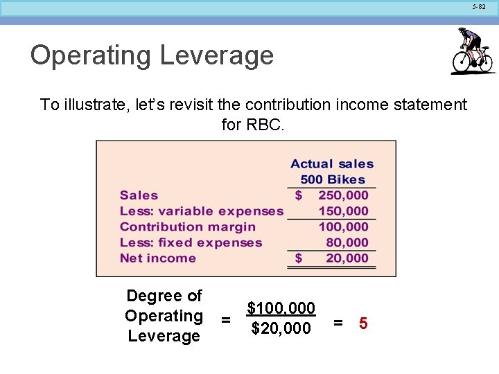 5 -82 Operating Leverage To illustrate, let’s revisit the contribution income statement for RBC.
