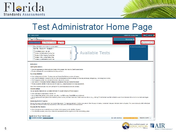 Test Administrator Home Page 5 