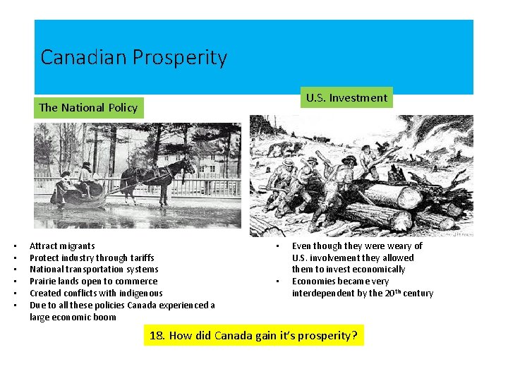 Canadian Prosperity U. S. Investment The National Policy • • • Attract migrants Protect