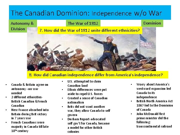 The Canadian Dominion: Independence w/o War Autonomy & Division Dominion The War of 1812