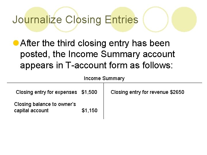 Journalize Closing Entries l After the third closing entry has been posted, the Income