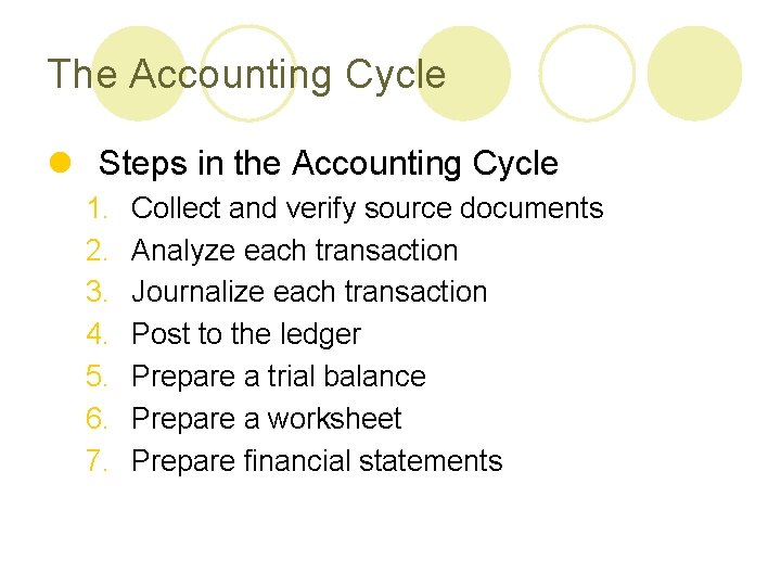 The Accounting Cycle l Steps in the Accounting Cycle 1. 2. 3. 4. 5.