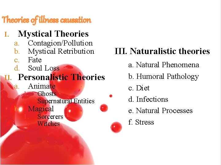 Theories of illness causation I. II. Mystical Theories a. b. c. d. Contagion/Pollution Mystical