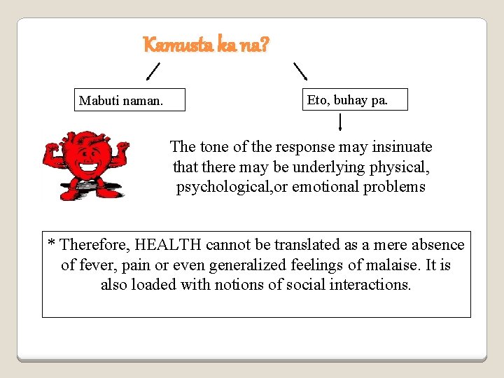 Kamusta ka na? Mabuti naman. Eto, buhay pa. The tone of the response may