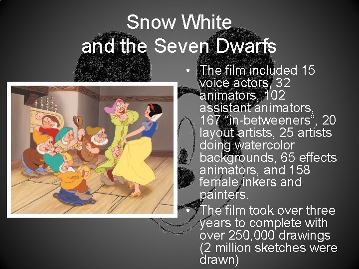 Snow White and the Seven Dwarfs • The film included 15 voice actors, 32