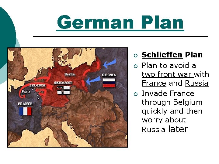 German Plan ¡ ¡ ¡ Schlieffen Plan to avoid a two front war with German Plan ¡ ¡ ¡ Schlieffen Plan to avoid a two front war with