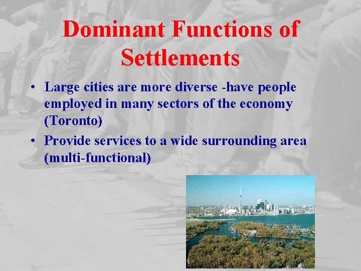 Dominant Functions of Settlements • Large cities are more diverse -have people employed in