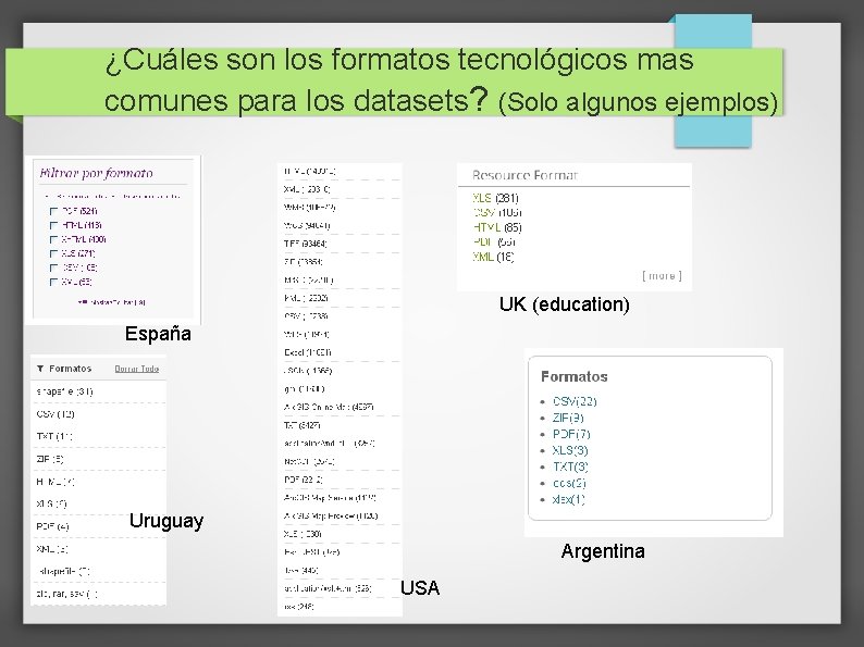 ¿Cuáles son los formatos tecnológicos mas comunes para los datasets? (Solo algunos ejemplos) UK