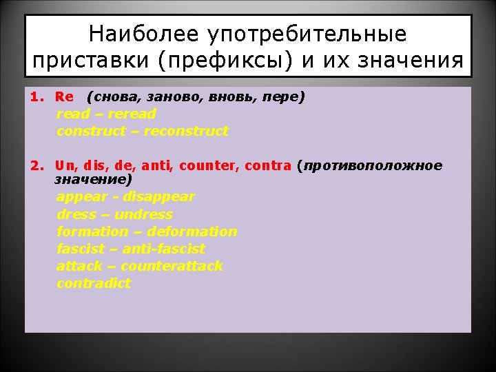 Наиболее употребительные приставки (префиксы) и их значения 1. Re (снова, заново, вновь, пере) read