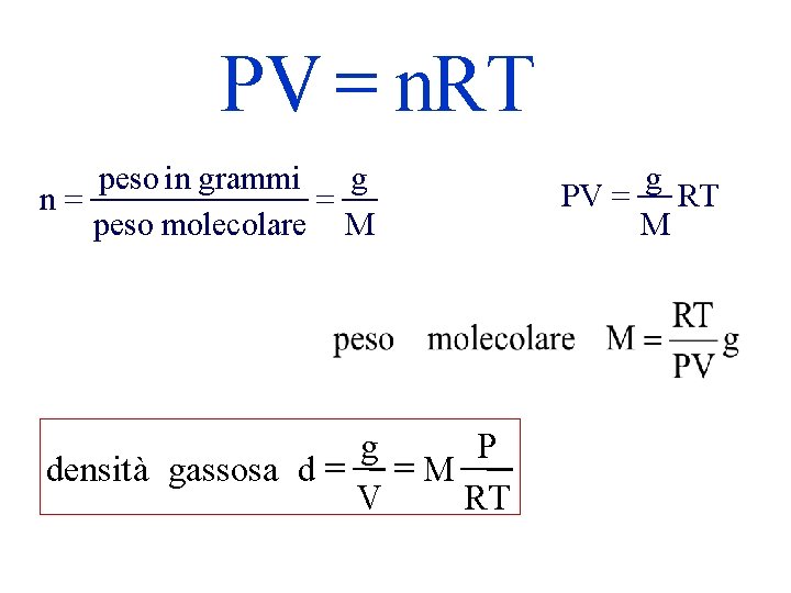 PV = n. RT peso in grammi g = n= peso molecolare M g
