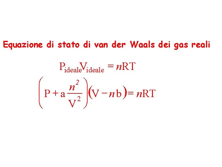 Equazione di stato di van der Waals dei gas reali Pideale. Videale = n.
