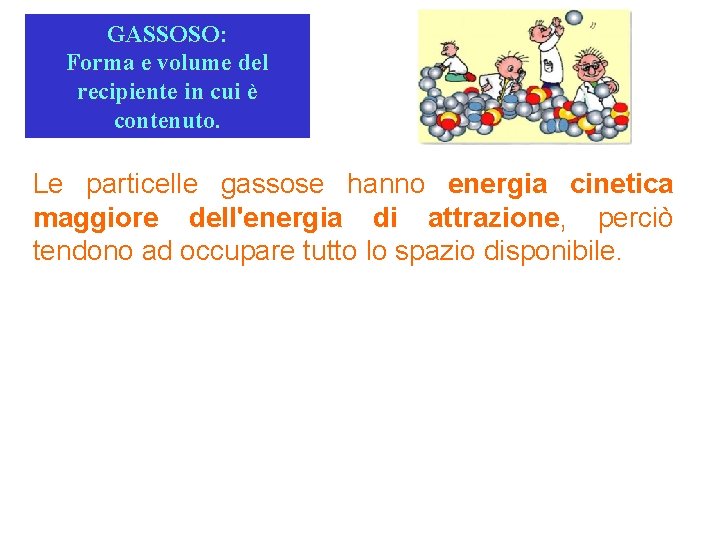 GASSOSO: Forma e volume del recipiente in cui è contenuto. Le particelle gassose hanno