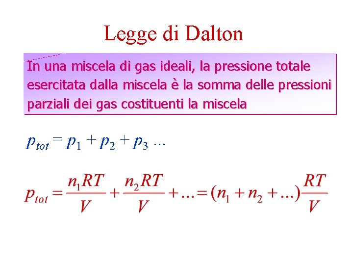 Legge di Dalton In una miscela di gas ideali, la pressione totale esercitata dalla