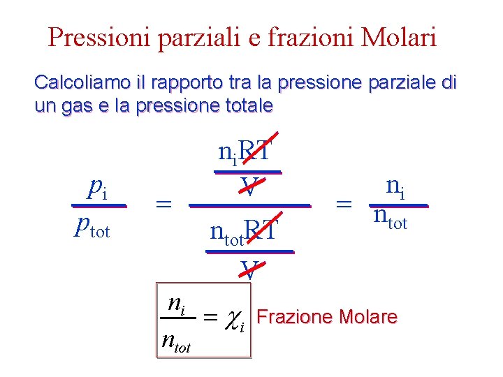 Pressioni parziali e frazioni Molari Calcoliamo il rapporto tra la pressione parziale di un