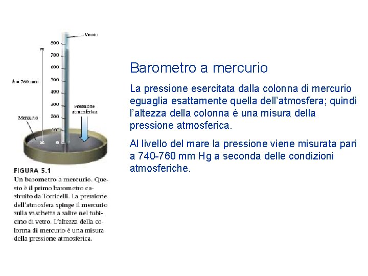 Barometro a mercurio La pressione esercitata dalla colonna di mercurio eguaglia esattamente quella dell’atmosfera;