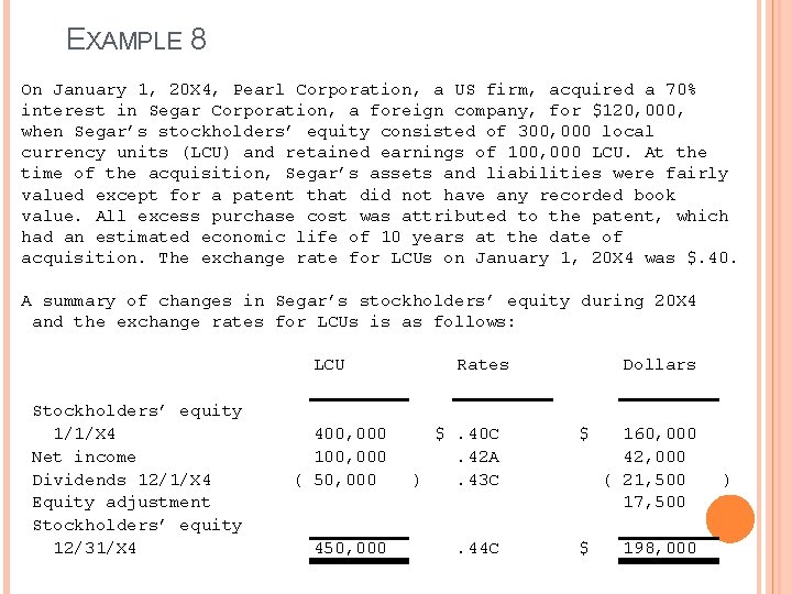 EXAMPLE 8 On January 1, 20 X 4, Pearl Corporation, a US firm, acquired EXAMPLE 8 On January 1, 20 X 4, Pearl Corporation, a US firm, acquired