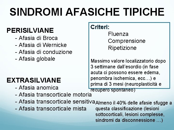 SINDROMI AFASICHE TIPICHE PERISILVIANE - Afasia di Broca - Afasia di Wernicke - Afasia SINDROMI AFASICHE TIPICHE PERISILVIANE - Afasia di Broca - Afasia di Wernicke - Afasia