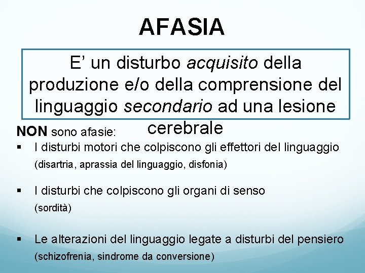 AFASIA E’ un disturbo acquisito della produzione e/o della comprensione del linguaggio secondario ad AFASIA E’ un disturbo acquisito della produzione e/o della comprensione del linguaggio secondario ad
