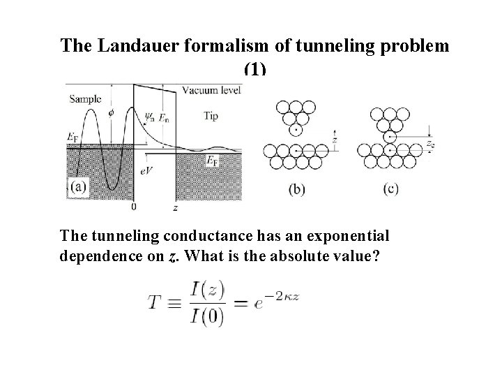 The Landauer formalism of tunneling problem (1) The tunneling conductance has an exponential dependence