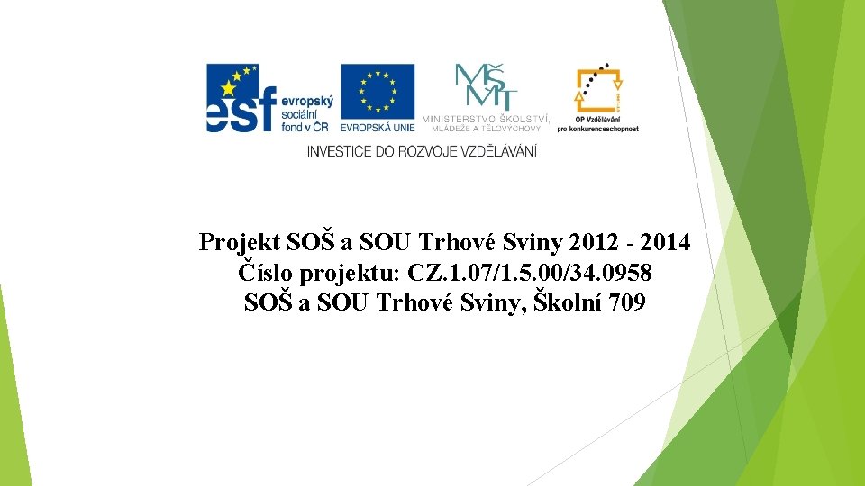Projekt SOŠ a SOU Trhové Sviny 2012 - 2014 Číslo projektu: CZ. 1. 07/1.