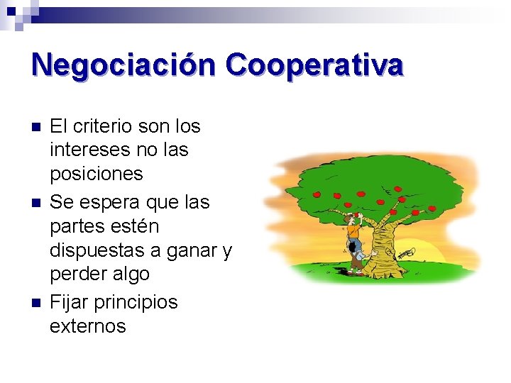 Negociación Cooperativa n n n El criterio son los intereses no las posiciones Se