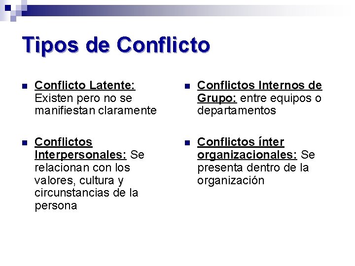 Tipos de Conflicto n Conflicto Latente: Existen pero no se manifiestan claramente n Conflictos