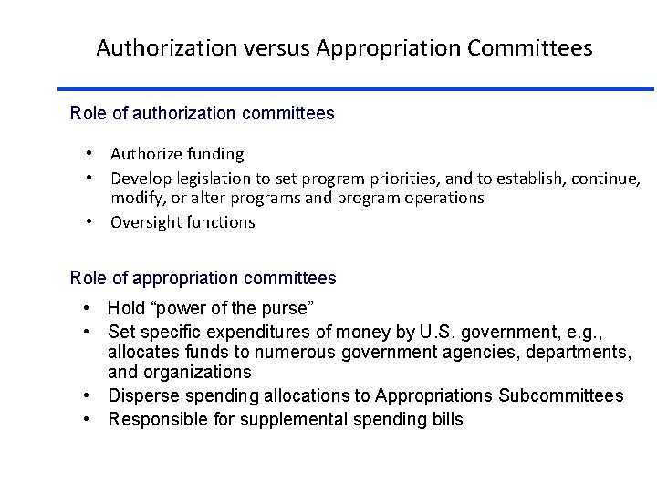 Authorization versus Appropriation Committees Role of authorization committees • Authorize funding • Develop legislation